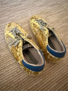 Gold Sequin superstar Sneakers with Blue Heel Accent